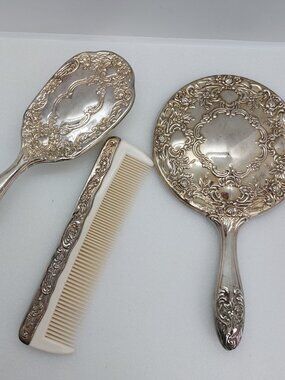 Vintage Silver Plated 3 Pc. Vanity Set Ornate Brush Mirror & Comb